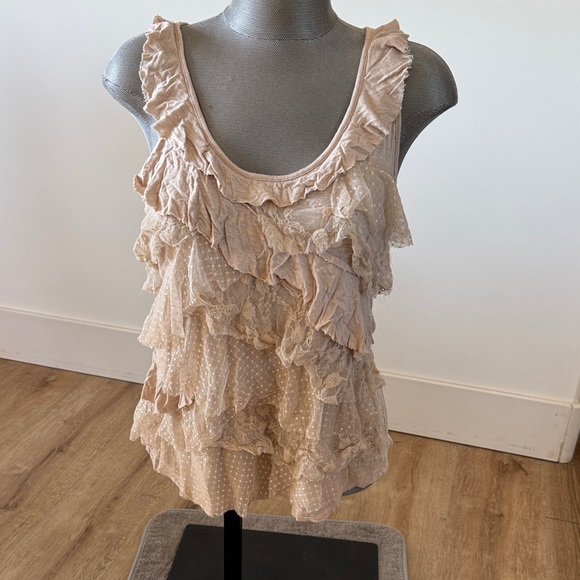 Eyeshadow Tops - Eyeshadow Ruffled Tan Sleeveless Tank Top